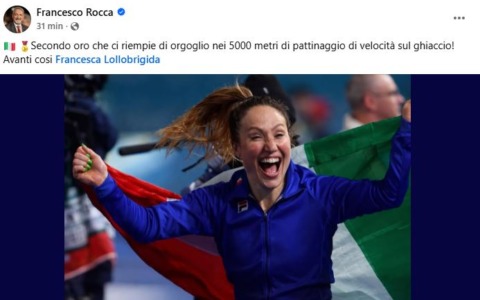 Lollobrigida oro bis a Milano Cortina, Rocca su fb: “Ci riempie di orgoglio! Avanti così Francesca”