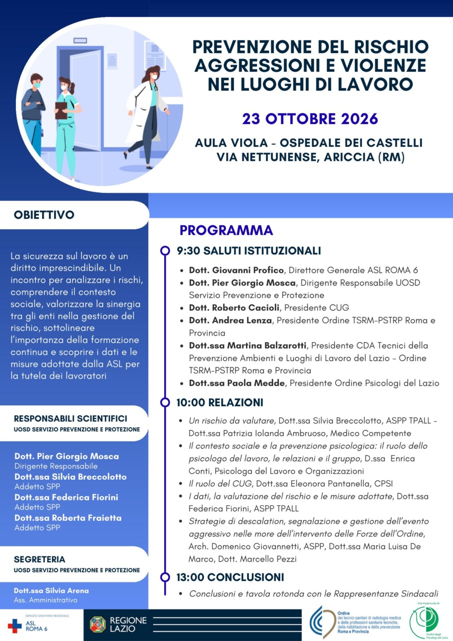 Sicurezza nei luoghi di lavoro: il 23 ottobre convegno all’Ospedale dei Castelli contro le aggressioni al personale